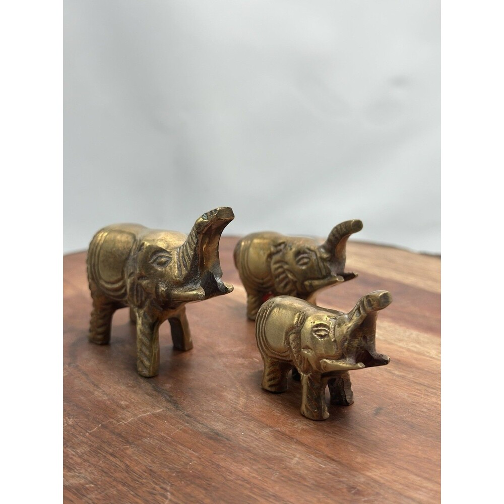 Brass Elephants Family 3 Figurines Statue Trunks Up Good Luck MCM